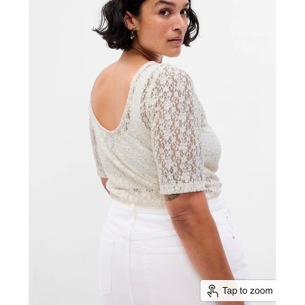 Gap Lace Top Womens L Cream Floral Sheer Scoop Neck Elbow Sleeve Low Cut Back‎